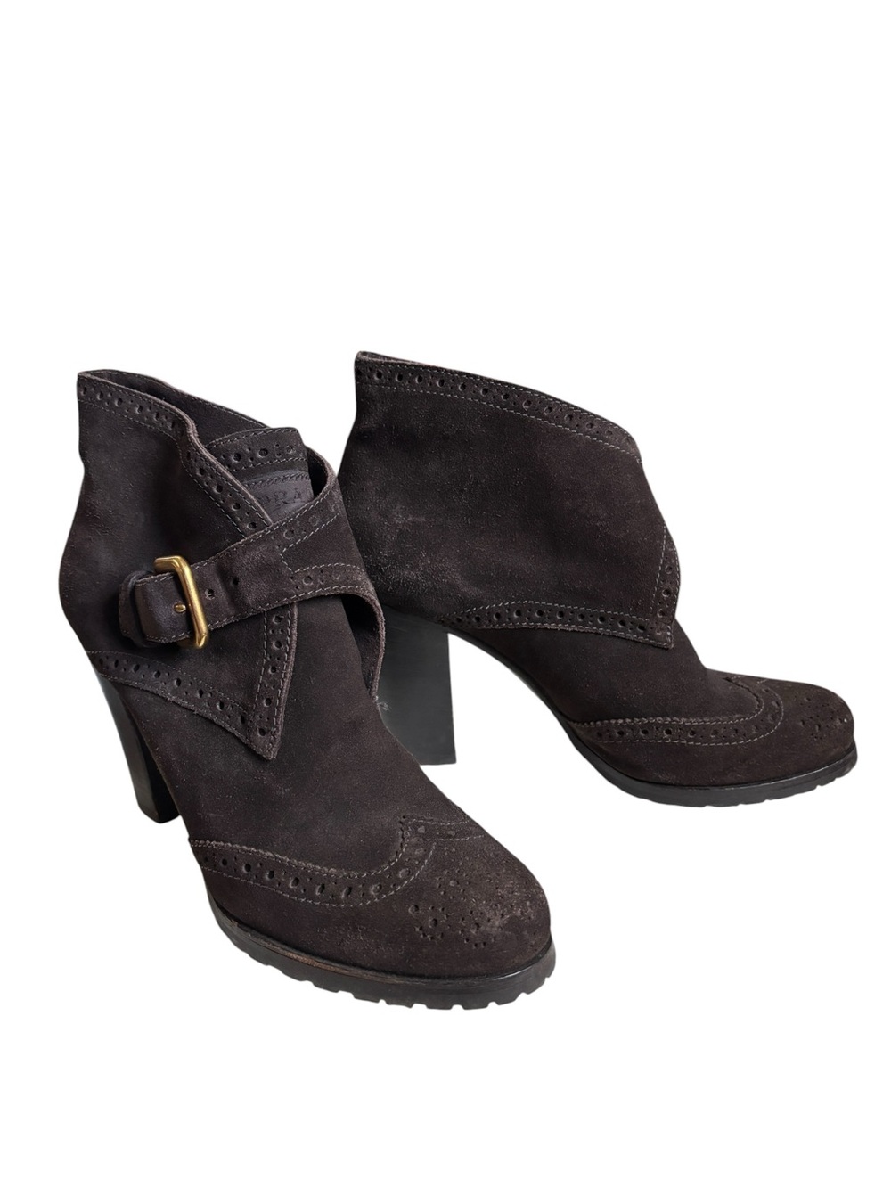 Authenticated Prada Milano Dark Brown Suede Brogue Heeled Ankle Boots